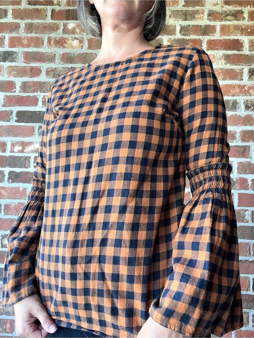 beachlunchlounge Checkered Cotton Blouse in Orange & Blue Size Small